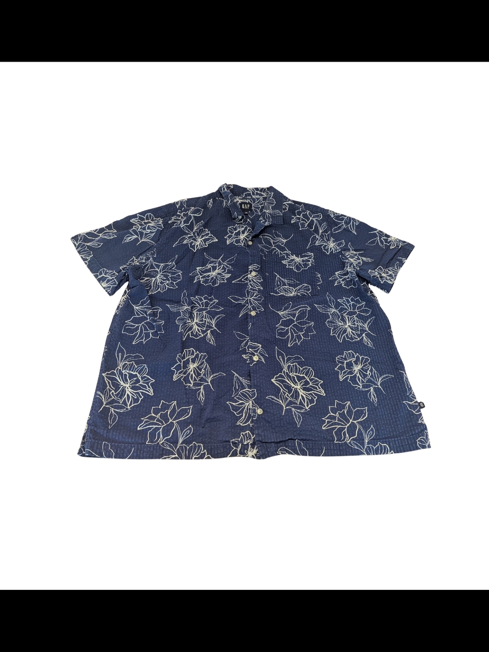EUC Gap Mens XXL Seersucker Blue Floral Button Up Short Sleeve Shirt Cotton
